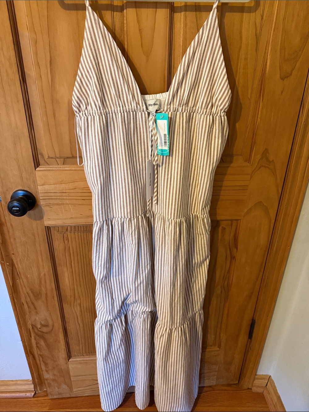 Rylee + Cru Beige and White Striped Kids One-Piece Sundress